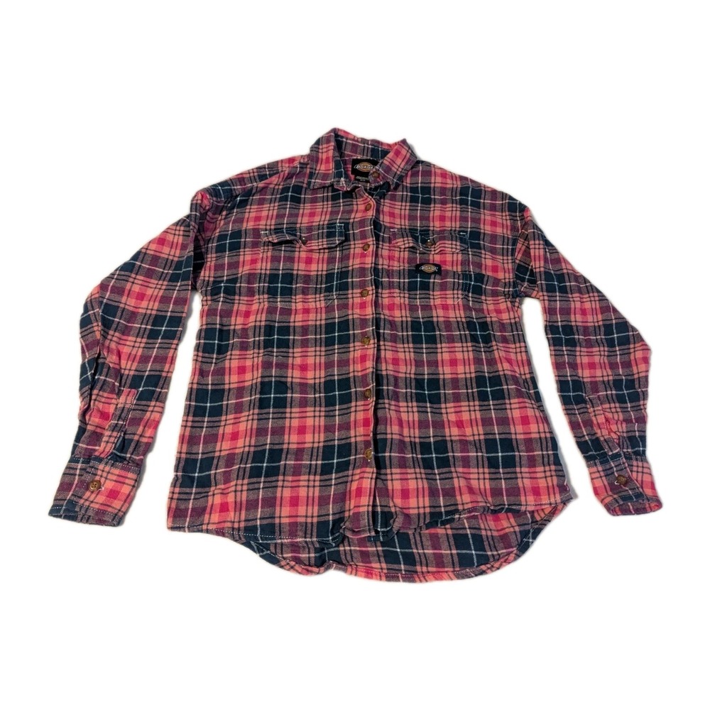 Dickies Women's Plaid Flannel Button Down Shirt Casual Western Travel Pink‎ Sz S